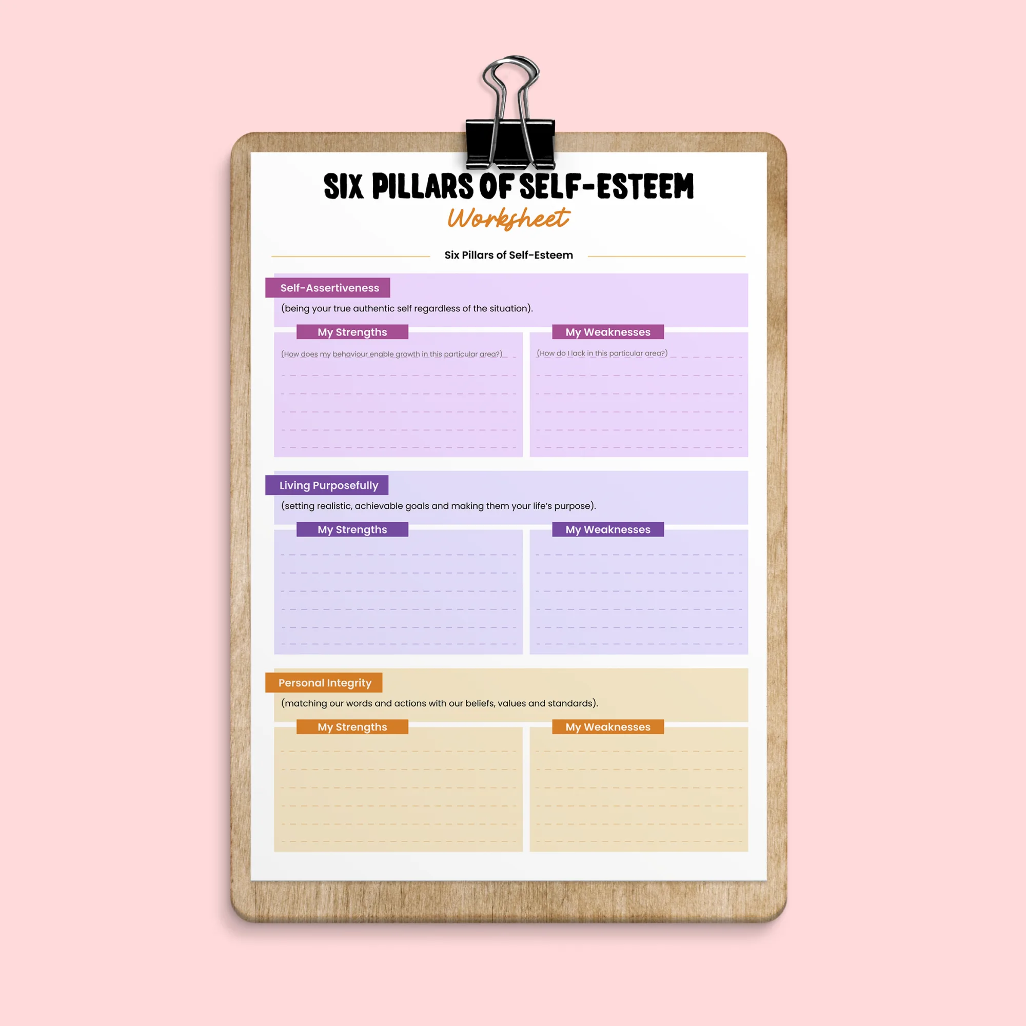 Self-Esteem 6 Pillars Worksheet