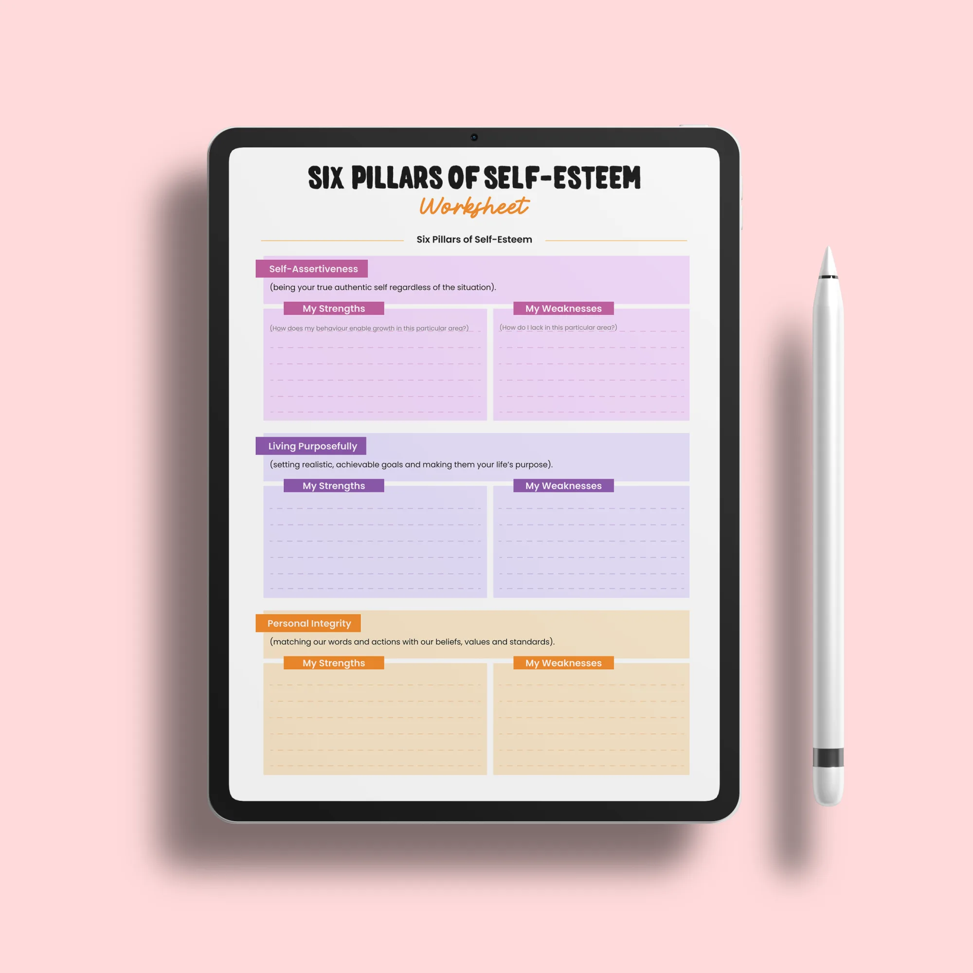 Self-Esteem 6 Pillars Worksheet