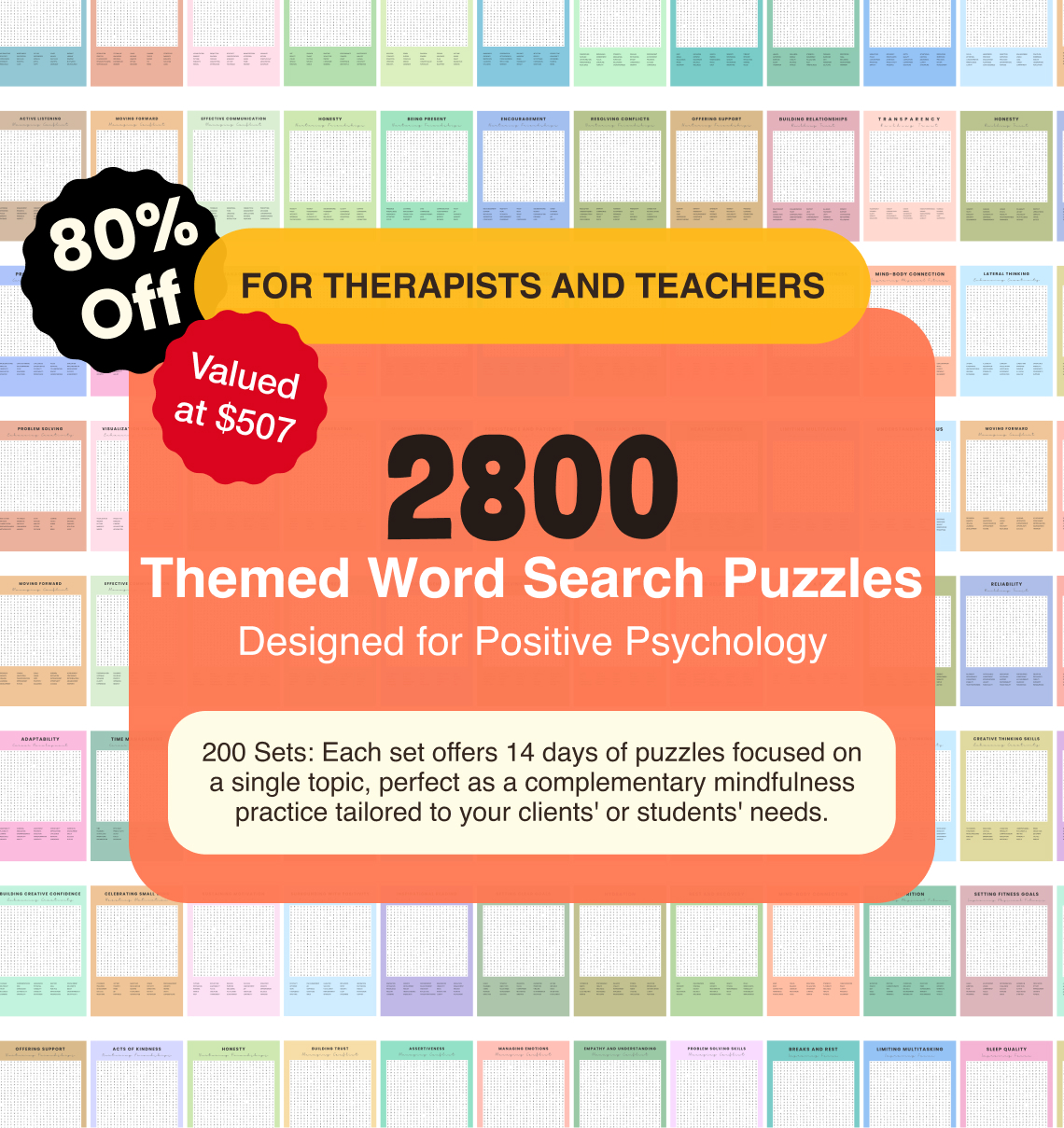 2800 themed word search puzzles designed for positive psychology for teachers and therapists - therapy bundle